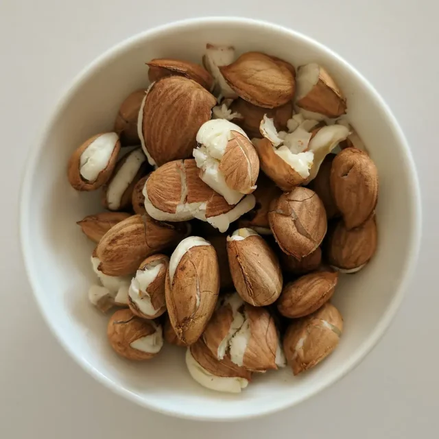 Apricot kernels in a white bowl.