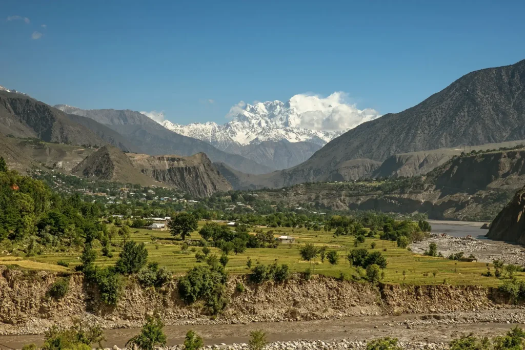 The Chitral valley in spring: terraced green fields below dry mountain slopes, with the snow peaks of Tirich Mir beyond.