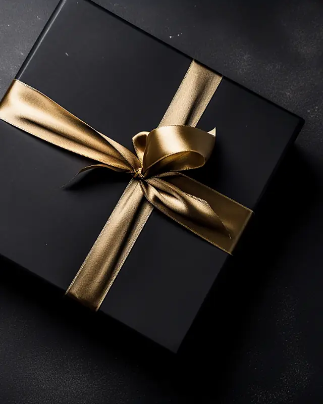 A black gift box tied with a gold ribbon.