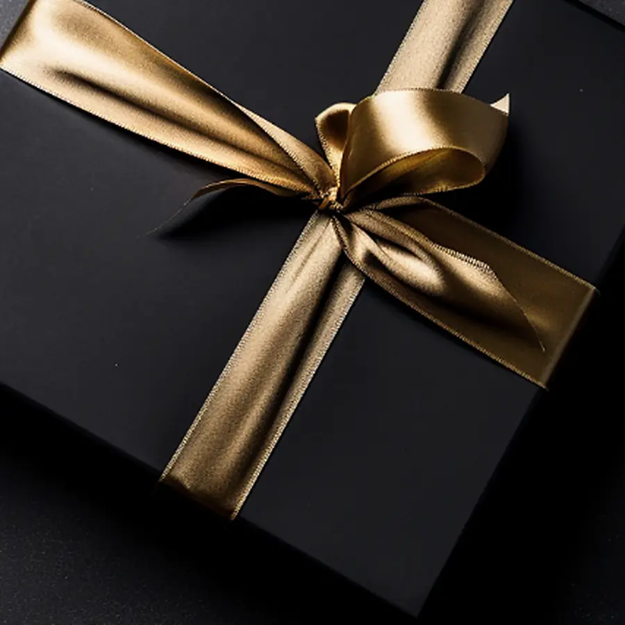 A black presentation box with a gold ribbon.