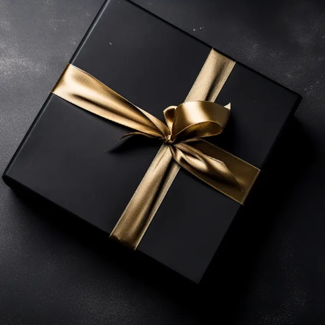 A black gift box tied with a wide gold ribbon.