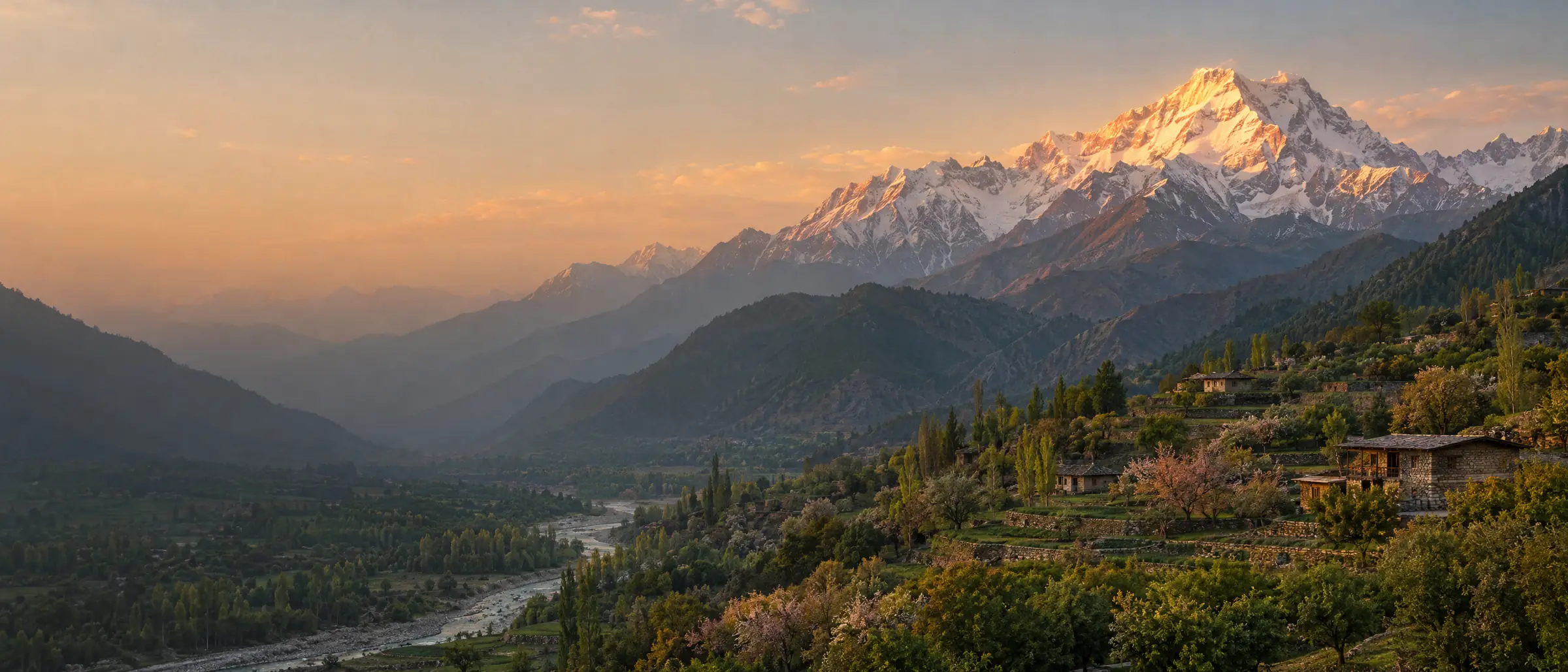 A snow-capped Hindu Kush peak glowing at sunset above a green river valley with terraced orchards and stone farmhouses.