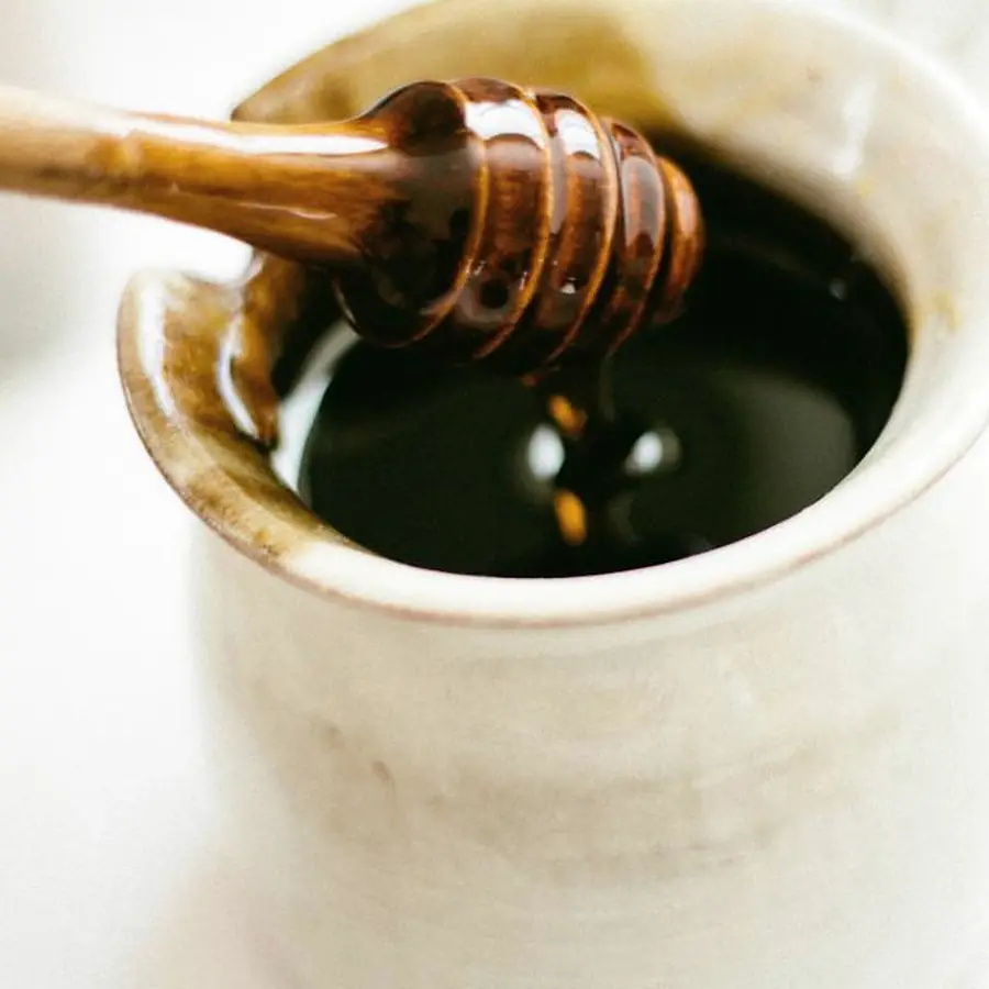 A wooden honey dipper resting in a small ceramic pot of dark honey.