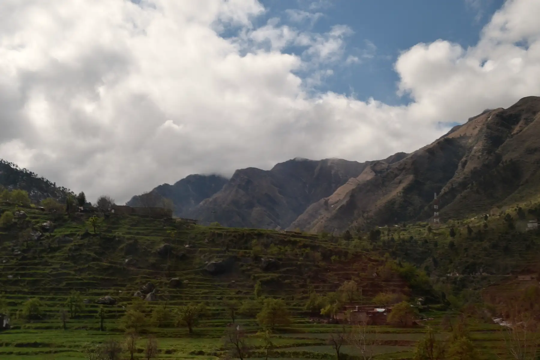 Terraced fields on a mountain slope.